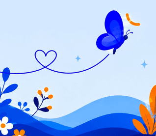 A butterfly taking flight over a blue landscape