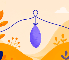 A chrysalis hanging from a line above autumn hills